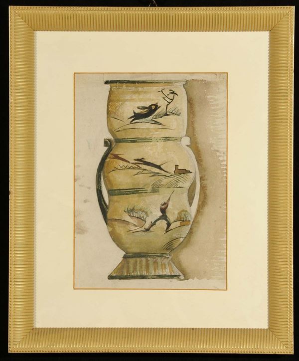 Anonimo del XX secolo Studio per vaso in ceramica con scene di caccia