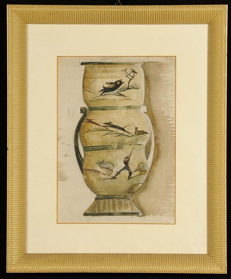 Anonimo del XX secolo Studio per vaso in ceramica con scene di caccia  - Asta Antiquariato e Dipinti Antichi - Cambi Casa d'Aste