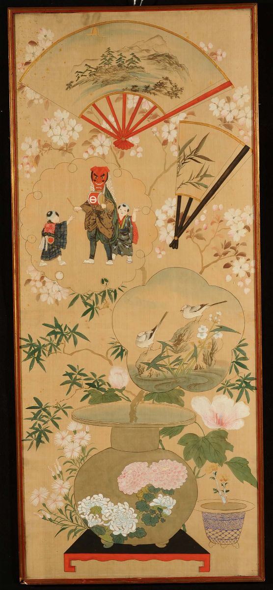 Pannello in seta dipinta, Giappone XIX secolo