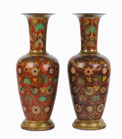 Coppia di Vasi in Bronzo a Decoro Cloissonnè, Persia XIX Secolo