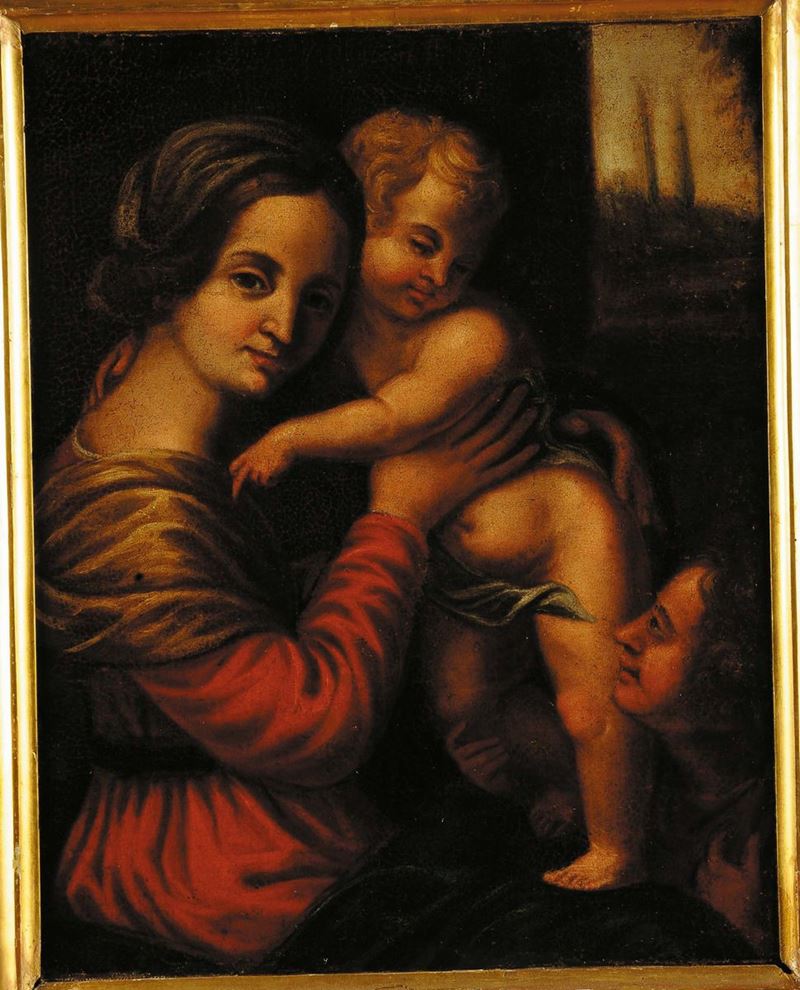 Scuola del XVII secolo Madonna con Bambino e San Giovannino  - Asta Antiquariato e Dipinti Antichi - Cambi Casa d'Aste