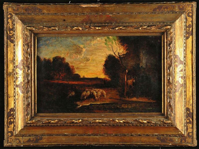 Antonio Fontanesi (1818-1882), attribuito a Paesaggio con armenti  - Asta Dipinti del XIX e XX secolo - Cambi Casa d'Aste