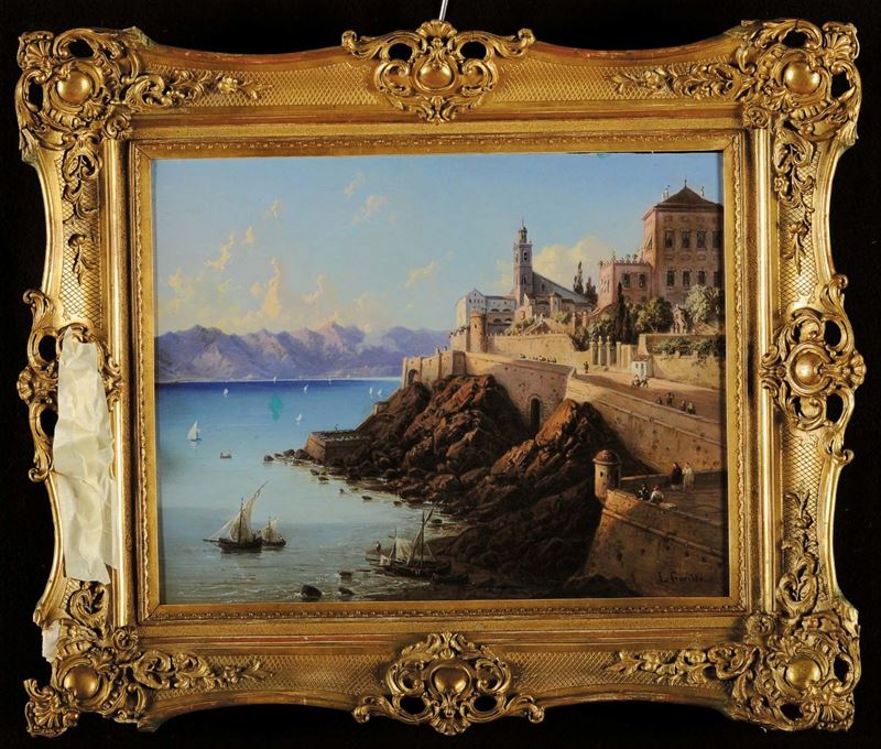 Luigi Garibbo (1782-1869), attribuito a Vista di Carignano dal mare  - Asta Dipinti del XIX e XX secolo - Cambi Casa d'Aste