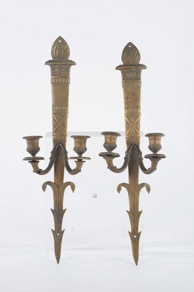Coppia di Appliques a Due Luci in Bronzo Dorato, XIX Secolo