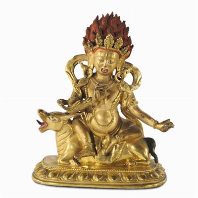 Figura di Yama in Bronzo Dorato Seduto su Bufalo, Cina Tibet, Dinastia Qing XVII Secolo