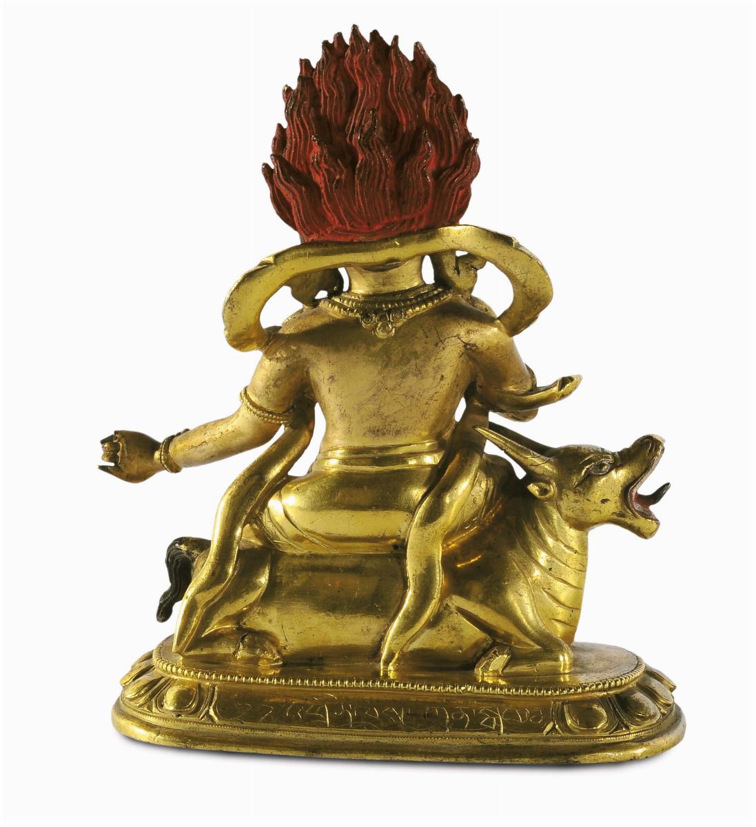 Figura di Yama in Bronzo Dorato Seduto su Bufalo, Cina Tibet, Dinastia Qing XVII Secolo