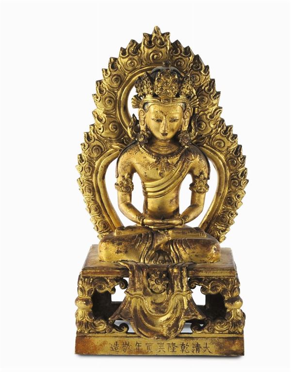 Gilt bronze Amitayus with inscription on the base, China, Qing Dynasty, 18th century