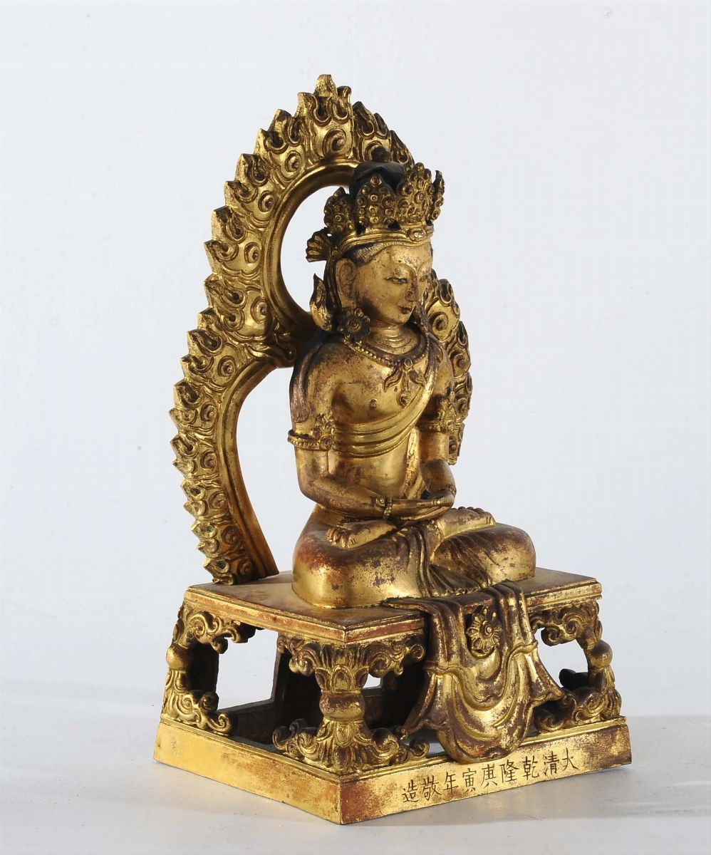 Amitayus in Bronzo Dorato con Iscrizione alla Base, Cina, Dinastia Qing, XVIII Secolo