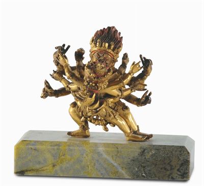 Yamanthaka in Bronzo Dorato Sopra Basetta in Marmo, Cina-tibet XVIII Secolo
