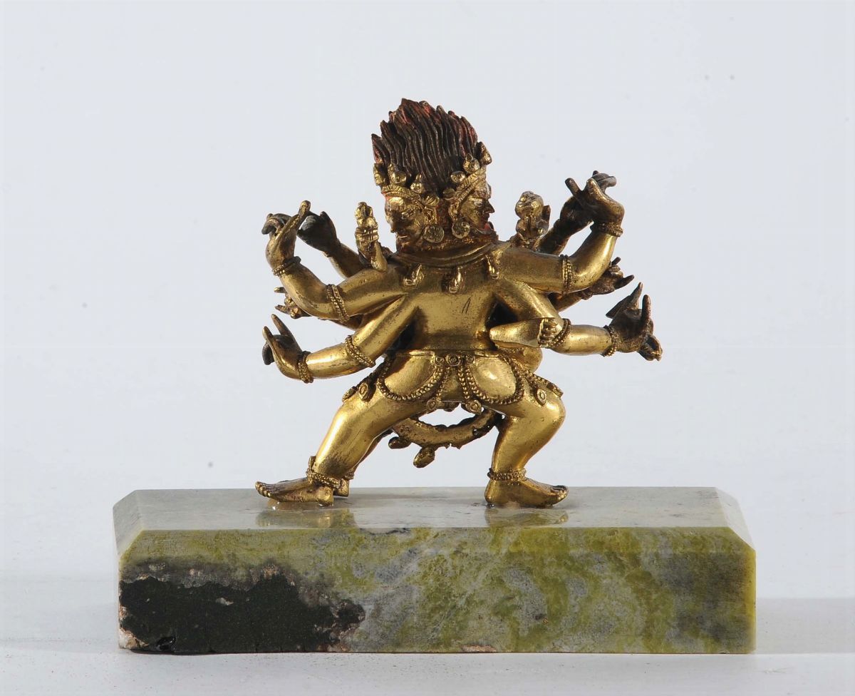 Yamanthaka in Bronzo Dorato Sopra Basetta in Marmo, Cina-tibet XVIII Secolo