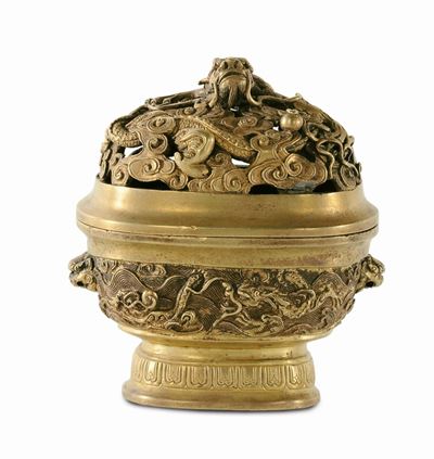 Incensiere in Bronzo Dorato, Cina, Dinastia Qing, XVIII-XIX Secolo