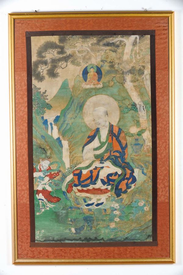 Tanka raffigurante Chudapanthaka in meditazione entro paesaggio, Tibet XVI secolo