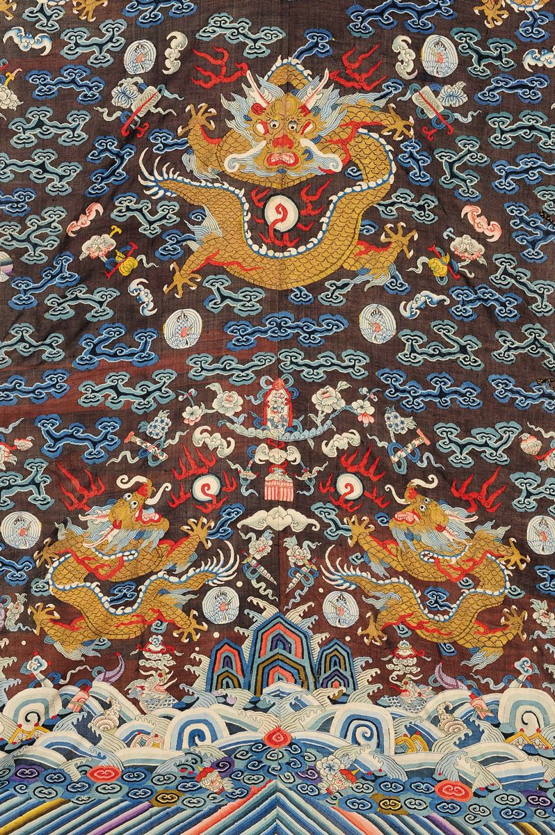Veste in Seta con Decoro con Draghi su Fondo Marrone, Cina, Dinastia Qing, XIX Secolo