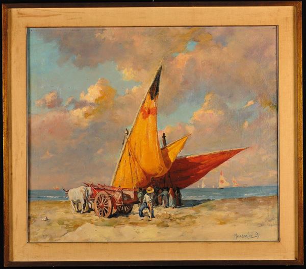 A. Marchegiani (XX secolo) Barche a vela sulla spiaggia