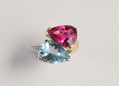 Anello Contrarié con Acquamarina e Tormalina
