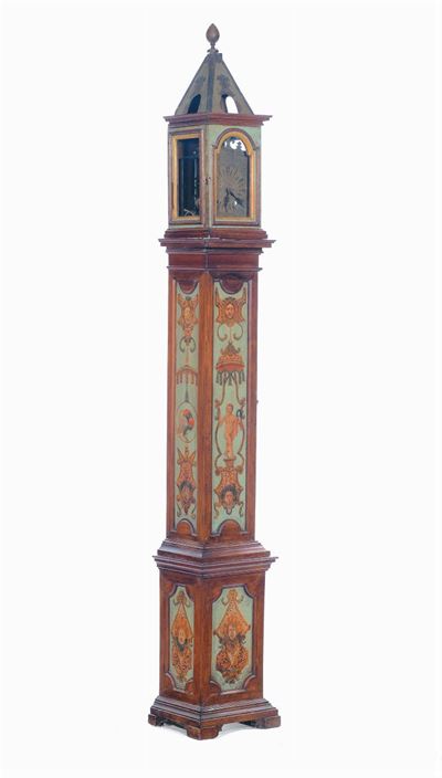 Orologio a Torre in Legno Dipinto con Motivi a Grottesche e Animali, Italia Centrale XVIII Secolo