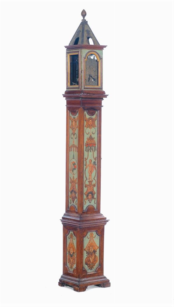 Orologio a torre in legno dipinto con motivi a grottesche e animali, Italia Centrale XVIII secolo