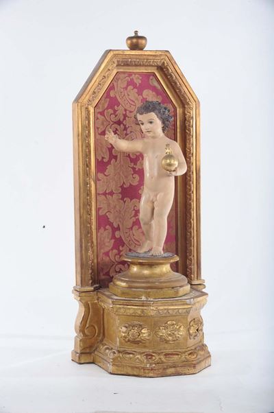 Statuina in Legno Intagliato Raffigurante Gesù Bambino Benedicente, XIX Secolo