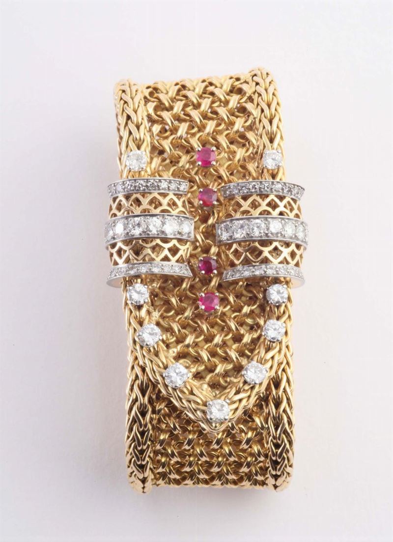 Bracciale con diamanti e rubini. Anni '40  - Auction Silvers, Ancient and Contemporary Jewels - Cambi Casa d'Aste