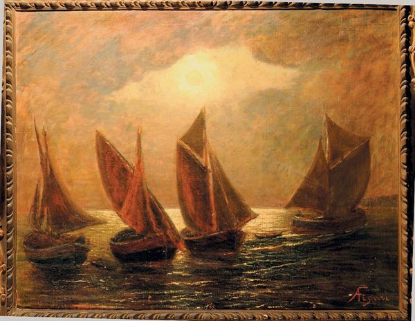 Andrea Figari (Sassari 1858 - Genova 1945) Notturno con imbarcazioni
