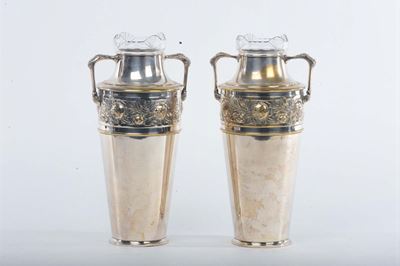 Coppia di Vasi Liberty in Ottone Cromato e Vetro Originale
