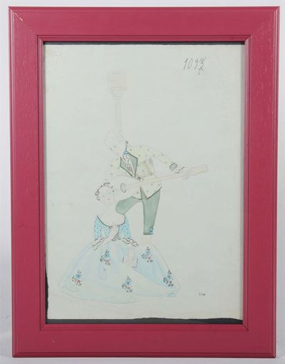 Disegno Preparatorio Lenci-torino Raffigurante Mandolinata Veneziana per Ceramica