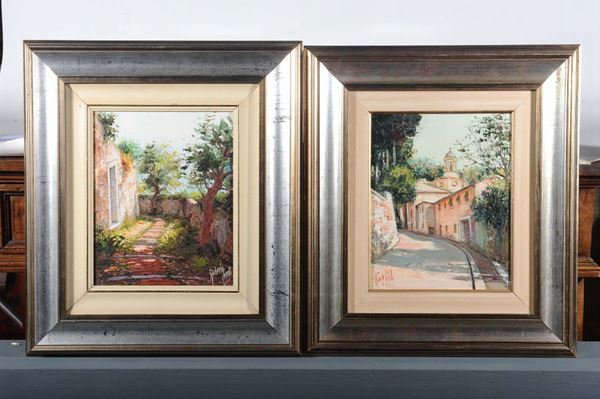 Due dipinti raffiguranti paesaggi firmati Rodolfo e Roberto Comelli