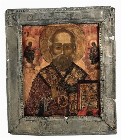 Icona Rappresentante San Nicola Taumaturgico Vescovo di Myra. Scuola di Jaroslav, Russia, XVII-XV...