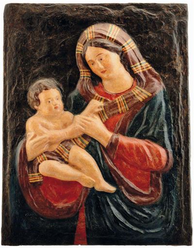 Altorilievo in Cartapesta Policroma Raffigurante Madonna con Bambino, Italia Centrale XVII Secolo