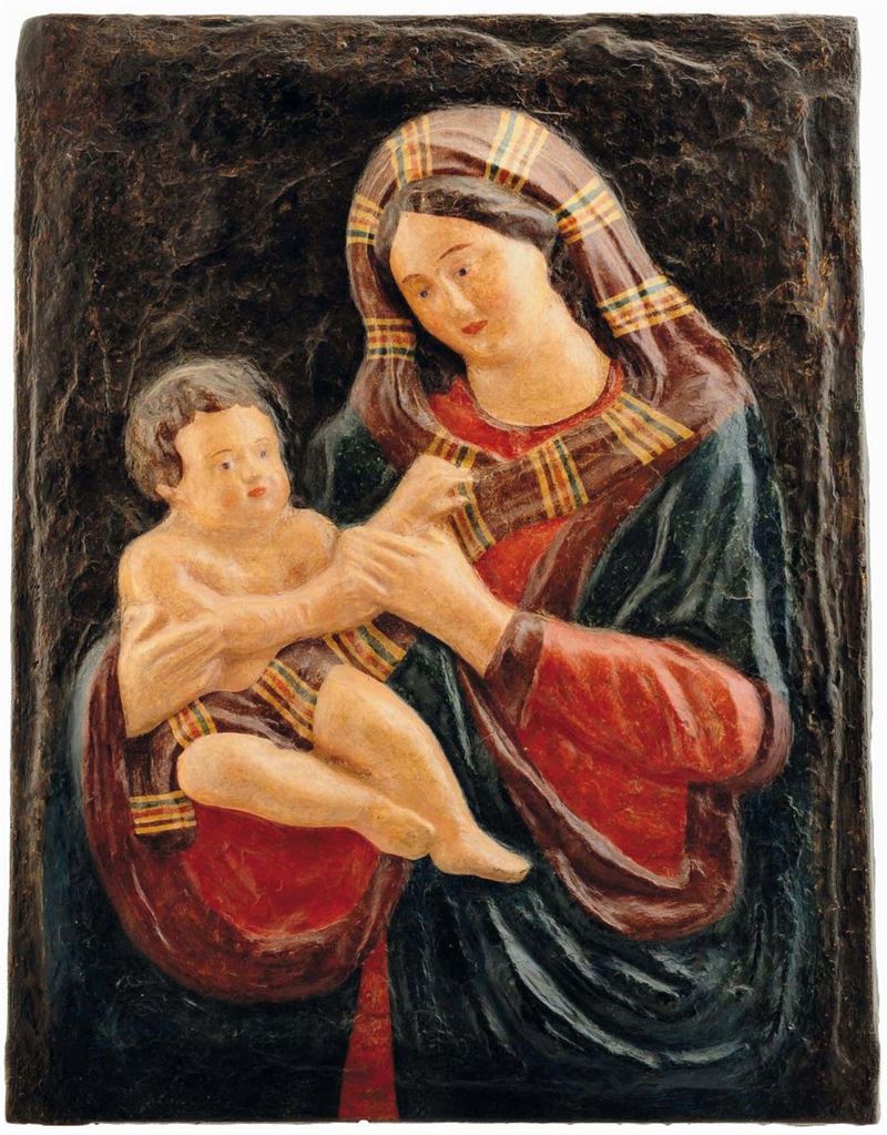 Altorilievo in cartapesta policroma raffigurante Madonna con Bambino, Italia centrale XVII secolo  - Asta Scultura e Oggetti d'Arte - Cambi Casa d'Aste