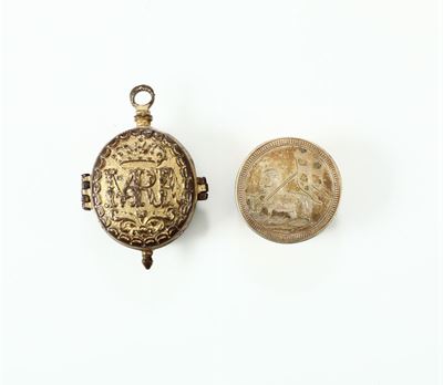 Lotto Comprendente Pendente Reliquiario Ovale in Rame Sbalzato, Fuso e Dorato con Monogrammi “ Mr...
