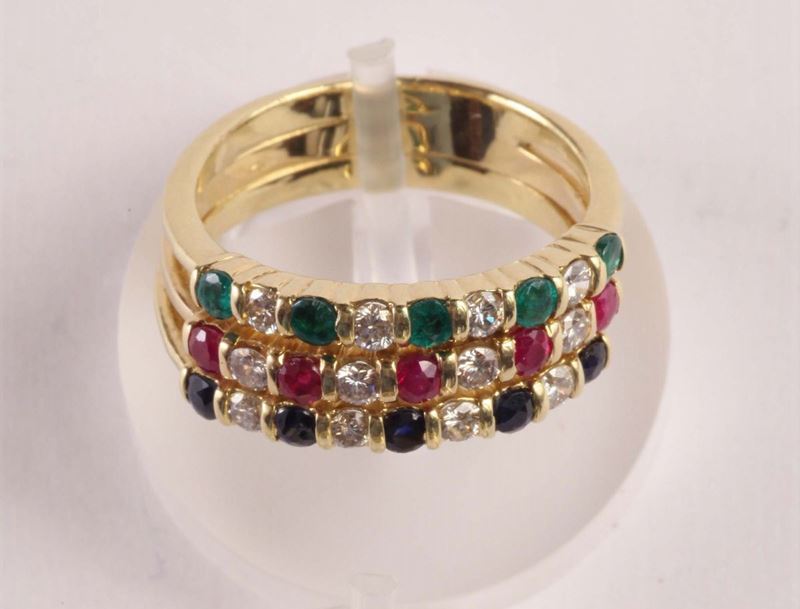 Anello con diamanti, zaffiri, rubini e smeraldi  - Auction OnLine Auction 06-2012 - Cambi Casa d'Aste