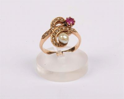 Anello con Perla, Diamanti e Pasta Vitrea