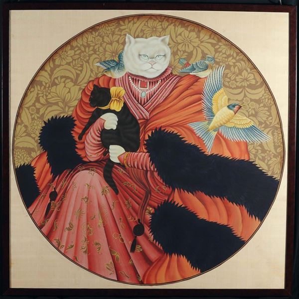 Quattro dipinti circolari su seta raffiguranti gatti