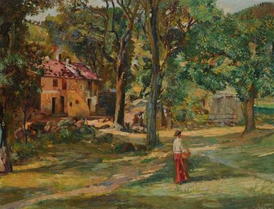 Evasio Montanella (1878-1940)casolare nel Bosco con Figura Femminile