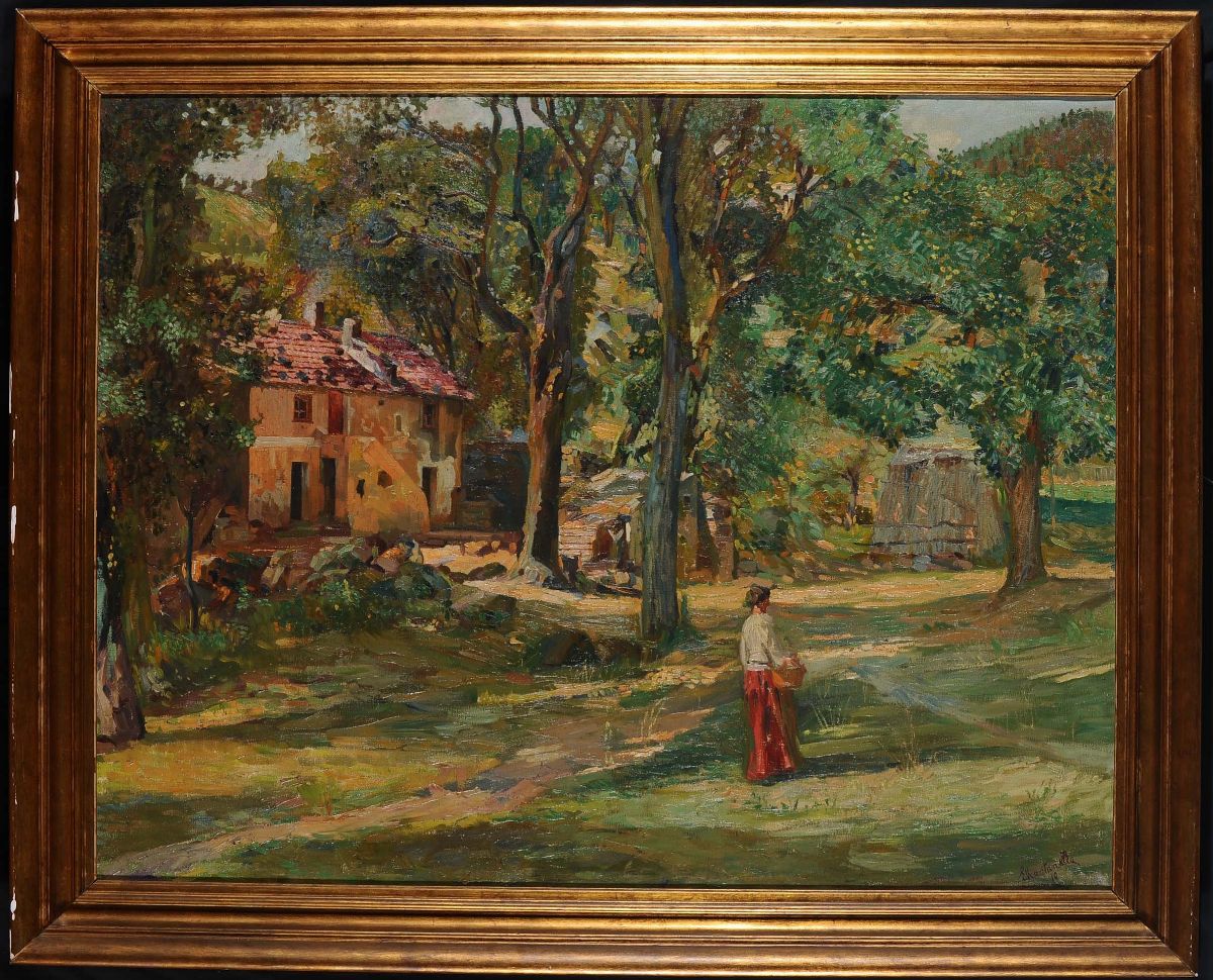 Evasio Montanella (1878-1940)casolare nel Bosco con Figura Femminile