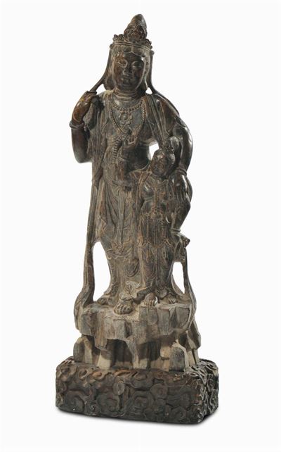 Grande Scultura Raffigurante Guanyin con Fanciullo in Pietra, Cina, Dinastia Qing, da un Modello ...