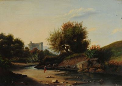 Dipinto Raffigurante Paesaggio con Castello