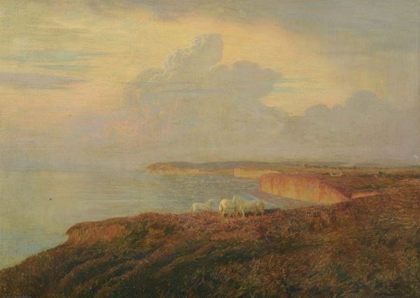 Emile Rene Menads (1862-1930) Paesaggio marino con cavalli bianchi
