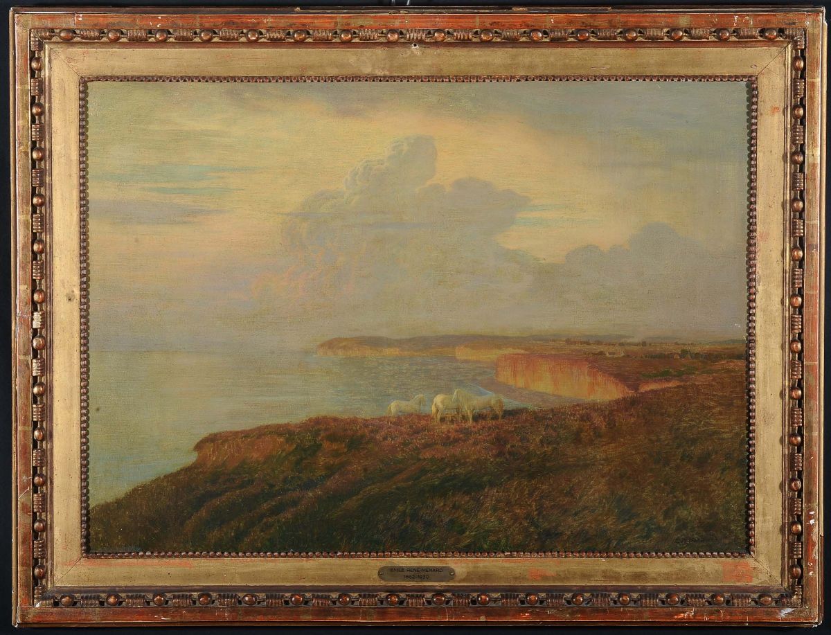 Emile Rene Menads (1862-1930)paesaggio Marino con Cavalli Bianchi