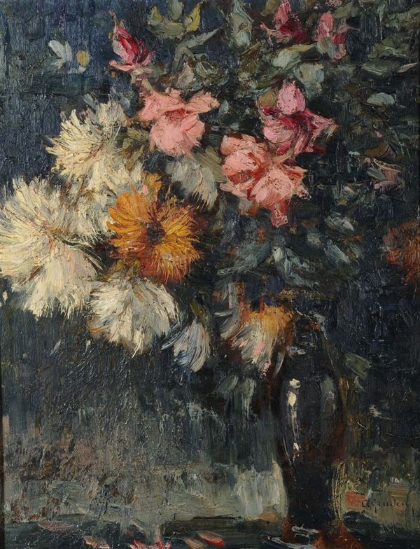 Archimede Gruden (1878-?) Crisantemi e rose