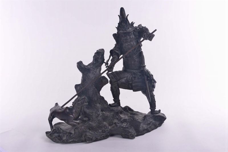 Scultura in bronzo raffigurante lotta di Samurai e felino, XIX secolo  - Auction Antique and Old Masters - II - Cambi Casa d'Aste