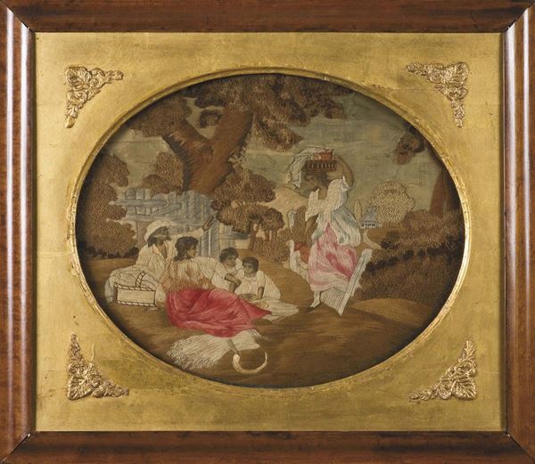 Coppia di pannelli ricamati di forma ovale raffiguranti Scene di genere, Inghilterra, XVIII secolo
