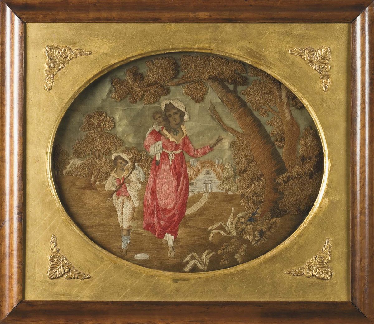 Coppia di Pannelli Ricamati di Forma Ovale Raffiguranti Scene di Genere, Inghilterra, XVIII Secol...