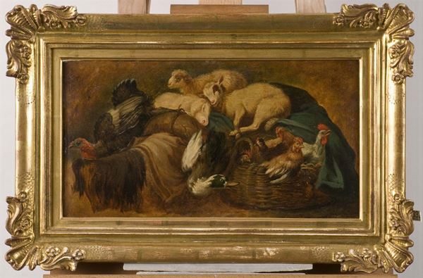 Francesco Londonio (1723-1783), attribuito a Pecore, galline, anatra e tacchino