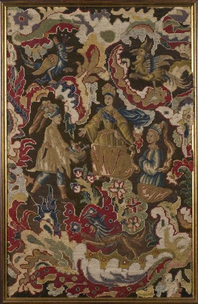 Pannello Ricamato a Piccolo Punto, Raffigurante Due Personaggi, Francia XVIII Secolo