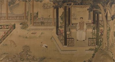 Pannello Dipinto Ad Acquerello su Seta Raffigurante Scorcio di Villaggio Orientale con Figure, Ci...