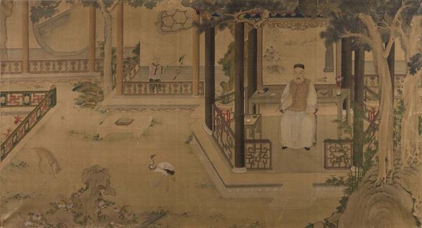 Pannello dipinto ad acquerello su seta raffigurante scorcio di villaggio orientale con figure, Cina XIX secolo