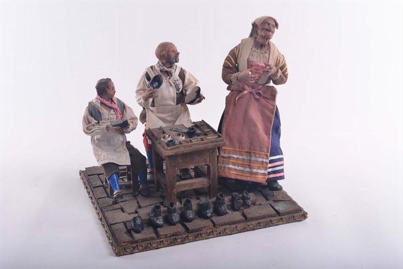 Gruppo in terracotta policroma raffigurante una bottega di calzolaio, Napoli, XIX/XX secolo  - Auction Antiques and Old Masters - Cambi Casa d'Aste