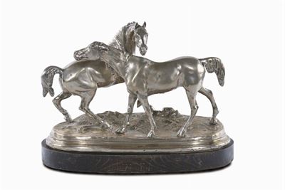 Scultura in Argento Raffigurante Cavalli da Opera di Pierre-jules Mene